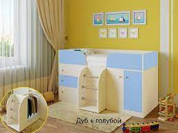 Кровать-чердак Малыш-4 Дуб молочный/Голубой в Енисейске - enisejsk.mebel54.com | фото