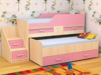 Кровать детская Лесики двухместная 1.8  Дуб молочный/Розовый в Енисейске - enisejsk.mebel54.com | фото