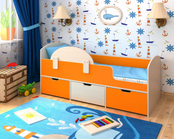 Кровать Малыш-мини с бортиком Дуб молочный/Оранжевый в Енисейске - enisejsk.mebel54.com | фото