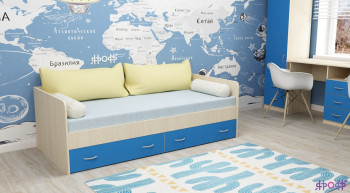 Кровать с выкатными ящиками Дуб молочный/Голубой в Енисейске - enisejsk.mebel54.com | фото