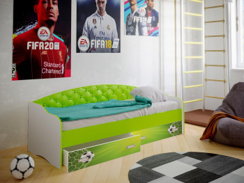 Кровать Софа-8 с мягкой спинкой фотопечать Футбол (900х1900) Белый/Лайм в Енисейске - enisejsk.mebel54.com | фото