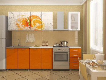 Кухонный гарнитур 1,6м Апельсин (Белый/Оранжевый металлик/Фотопечать апельсин) в Енисейске - enisejsk.mebel54.com | фото