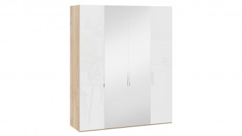 Шкаф комбинированный с 2 глухими и 2 зеркальными дверями «Эмбер» Яблоня Беллуно/Белый глянец в Енисейске - enisejsk.mebel54.com | фото